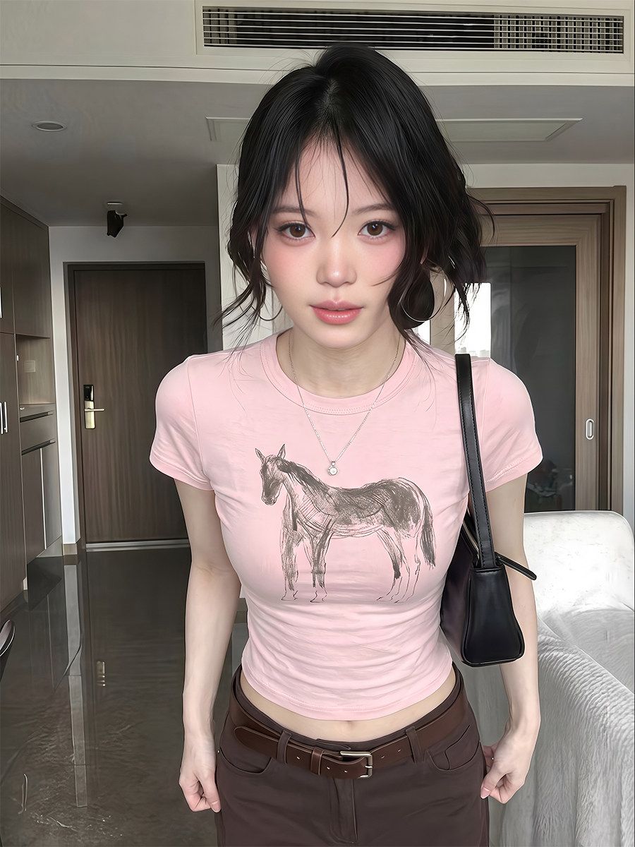 夏季微透粉粉小馬T恤女甜美風休閑百搭時尚減齡短袖薄上衣