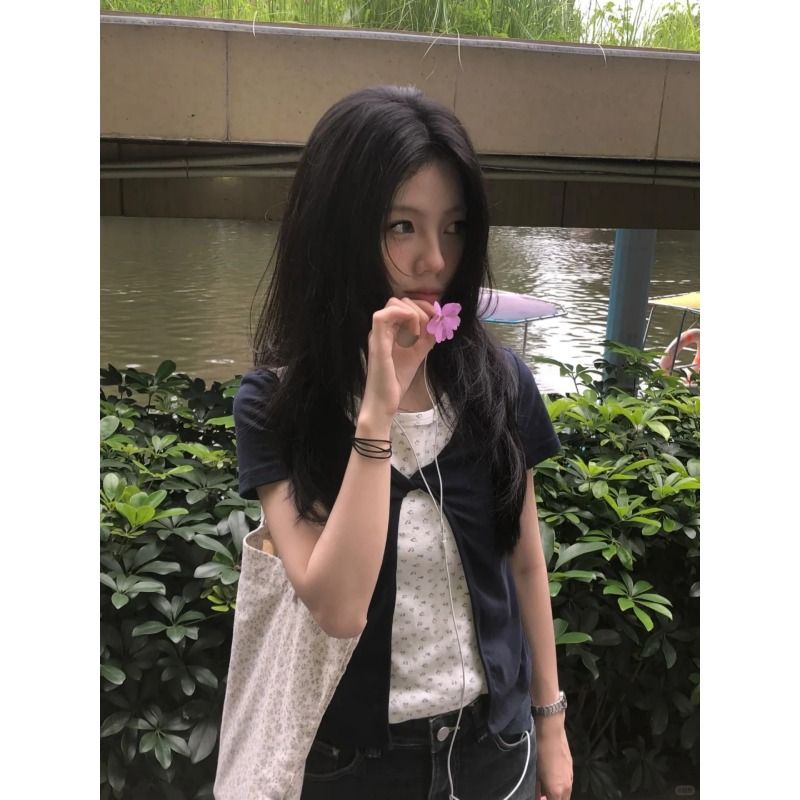 韓系純欲甜美碎花假兩件短袖t恤女夏設計感修身短款上衣