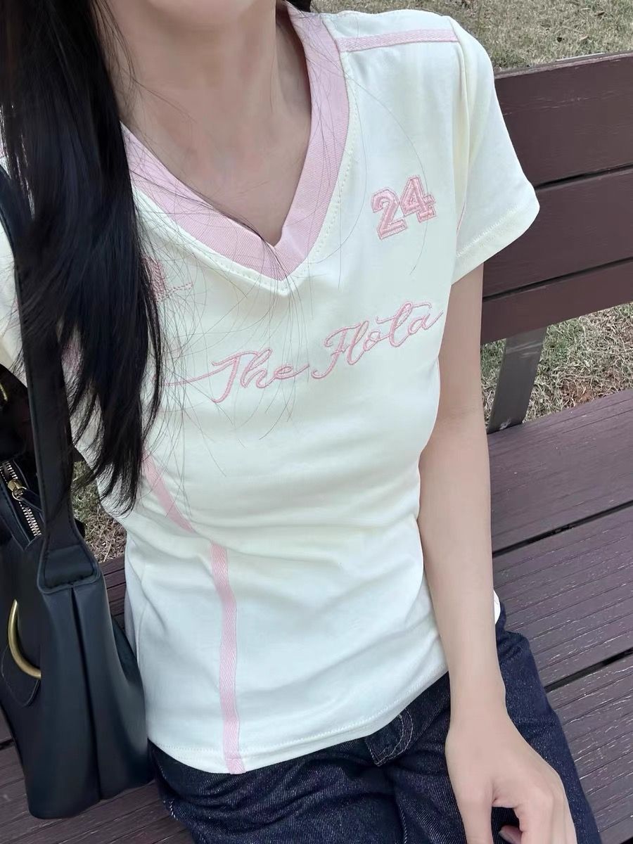 撞粉邊字母刺繡短袖 T 恤女夏季韓系修身顯瘦百搭短款上衣