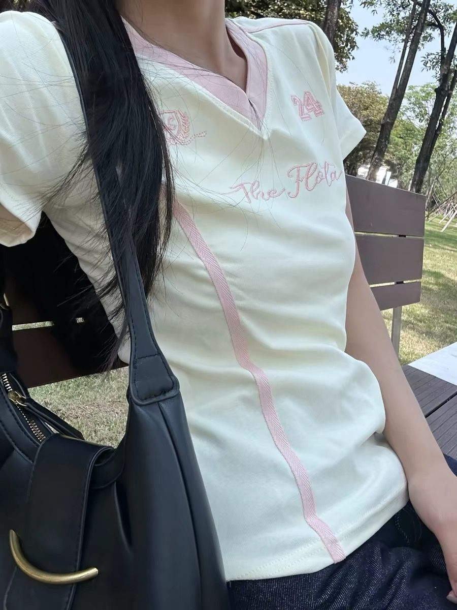 撞粉邊字母刺繡短袖 T 恤女夏季韓系修身顯瘦百搭短款上衣
