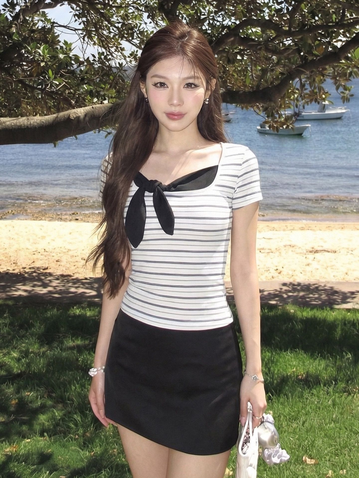 短袖t恤女夏季穿搭黑白條紋拼接領結設計感修身顯瘦上衣