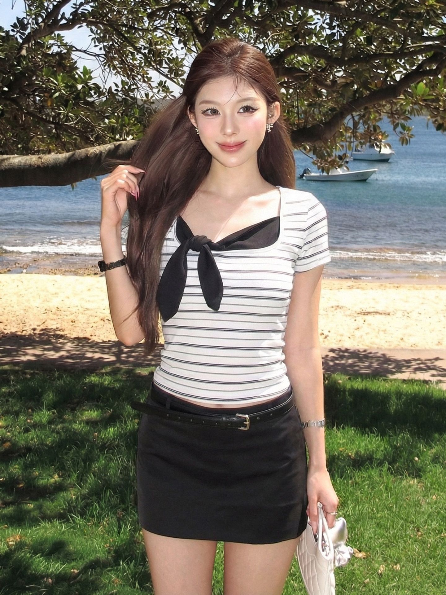 短袖t恤女夏季穿搭黑白條紋拼接領結設計感修身顯瘦上衣