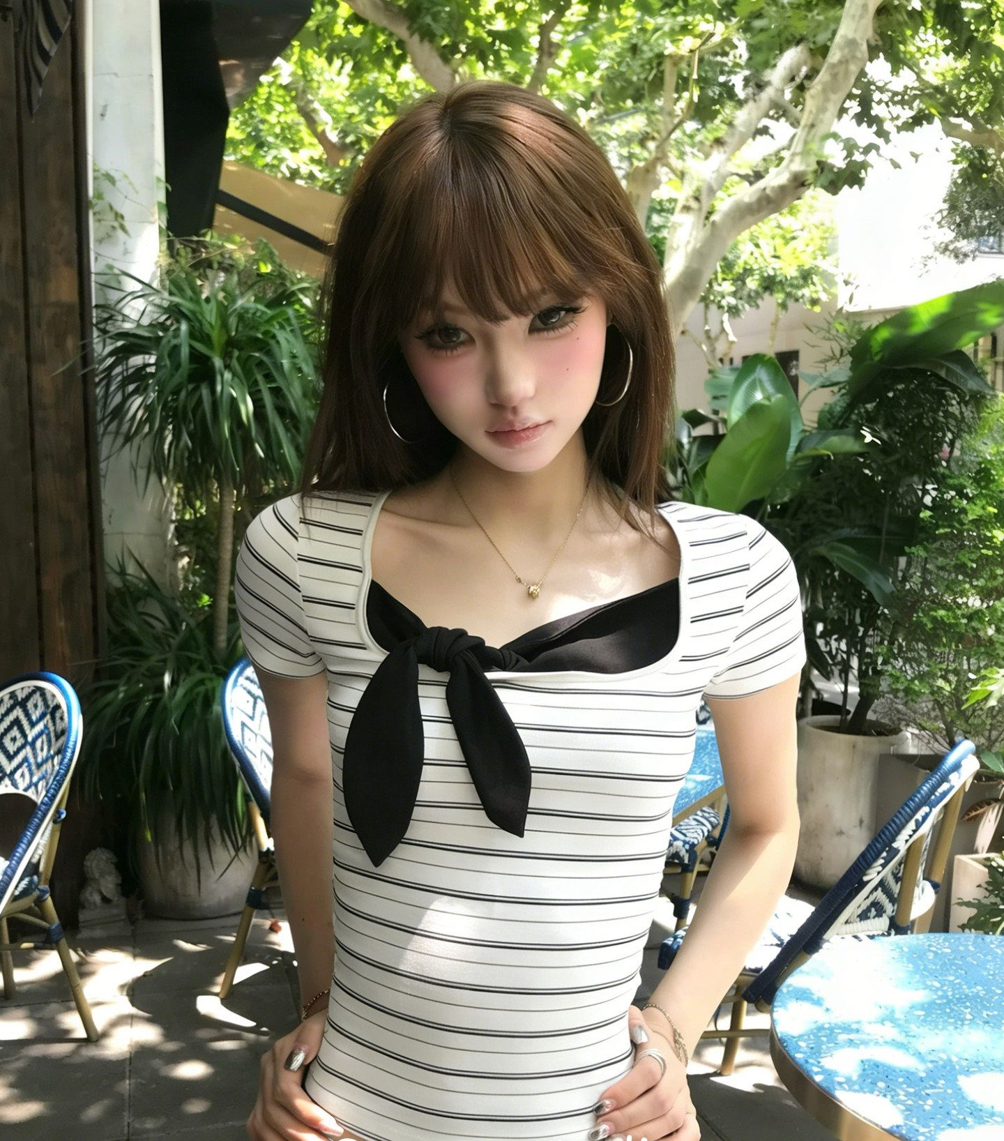 黑白條紋短袖女夏季穿搭撞色拼接領結t恤設計感修身顯瘦上衣