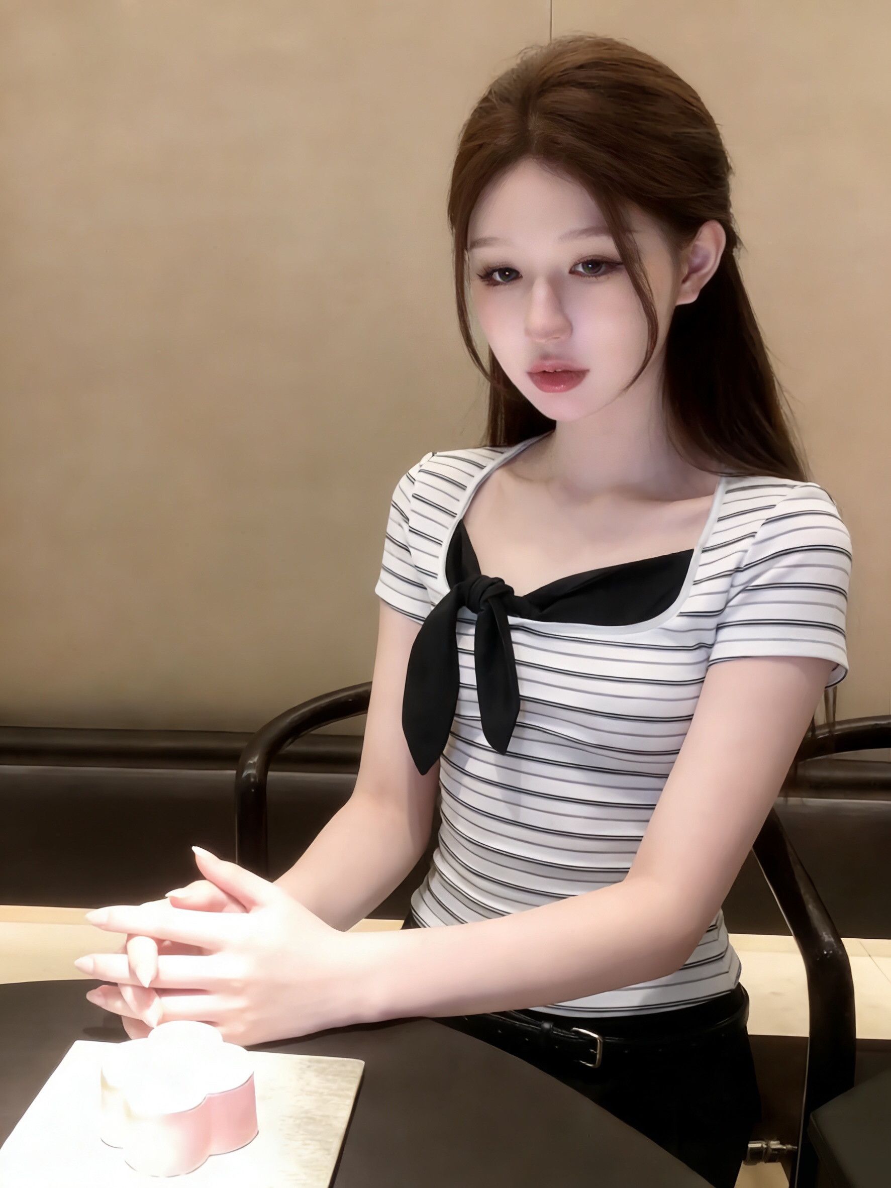 超好看黑白條紋T恤女夏季拼接領結圓領氣質顯瘦百搭短袖上衣