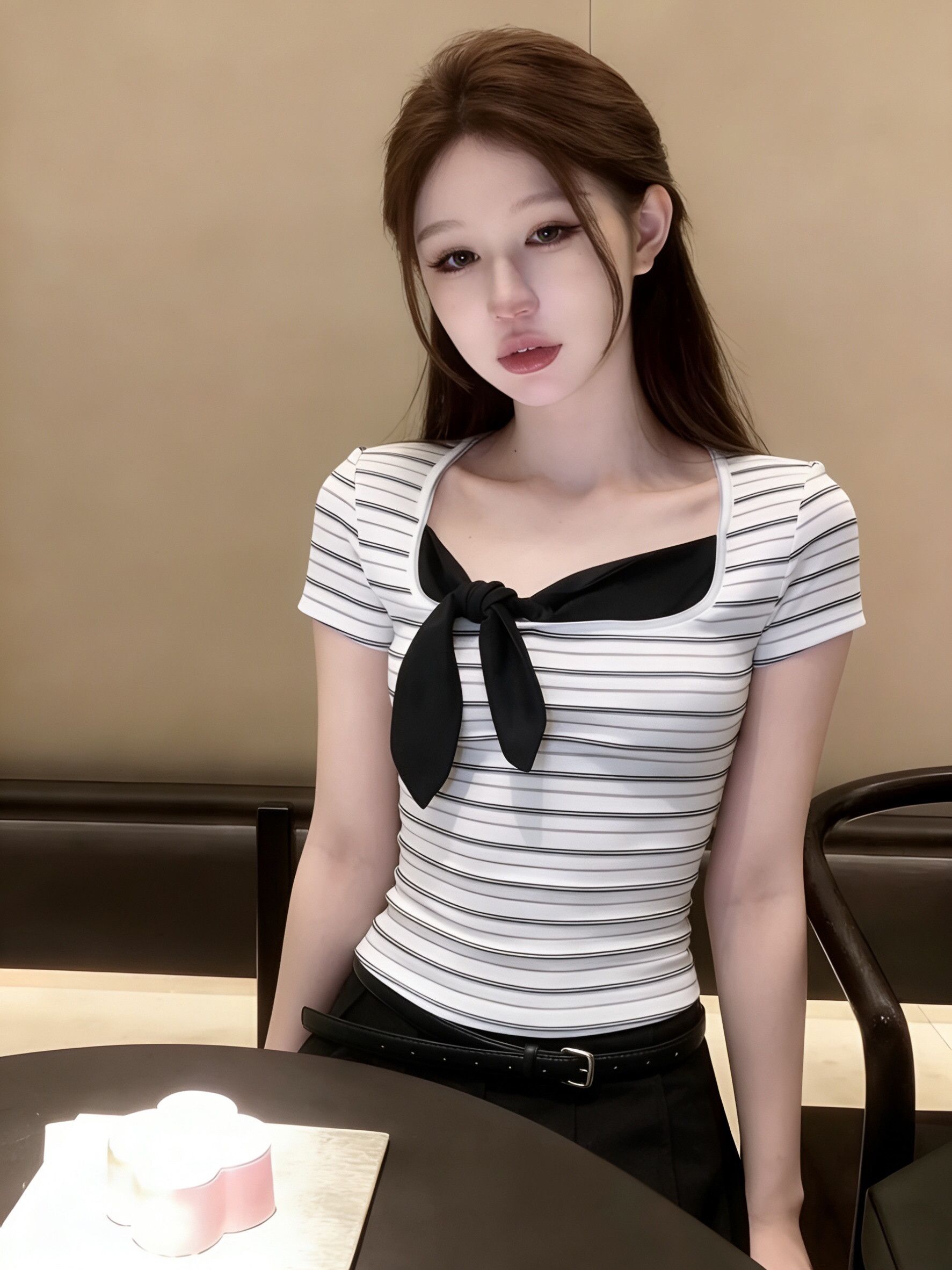 超好看黑白條紋T恤女夏季拼接領結圓領氣質顯瘦百搭短袖上衣