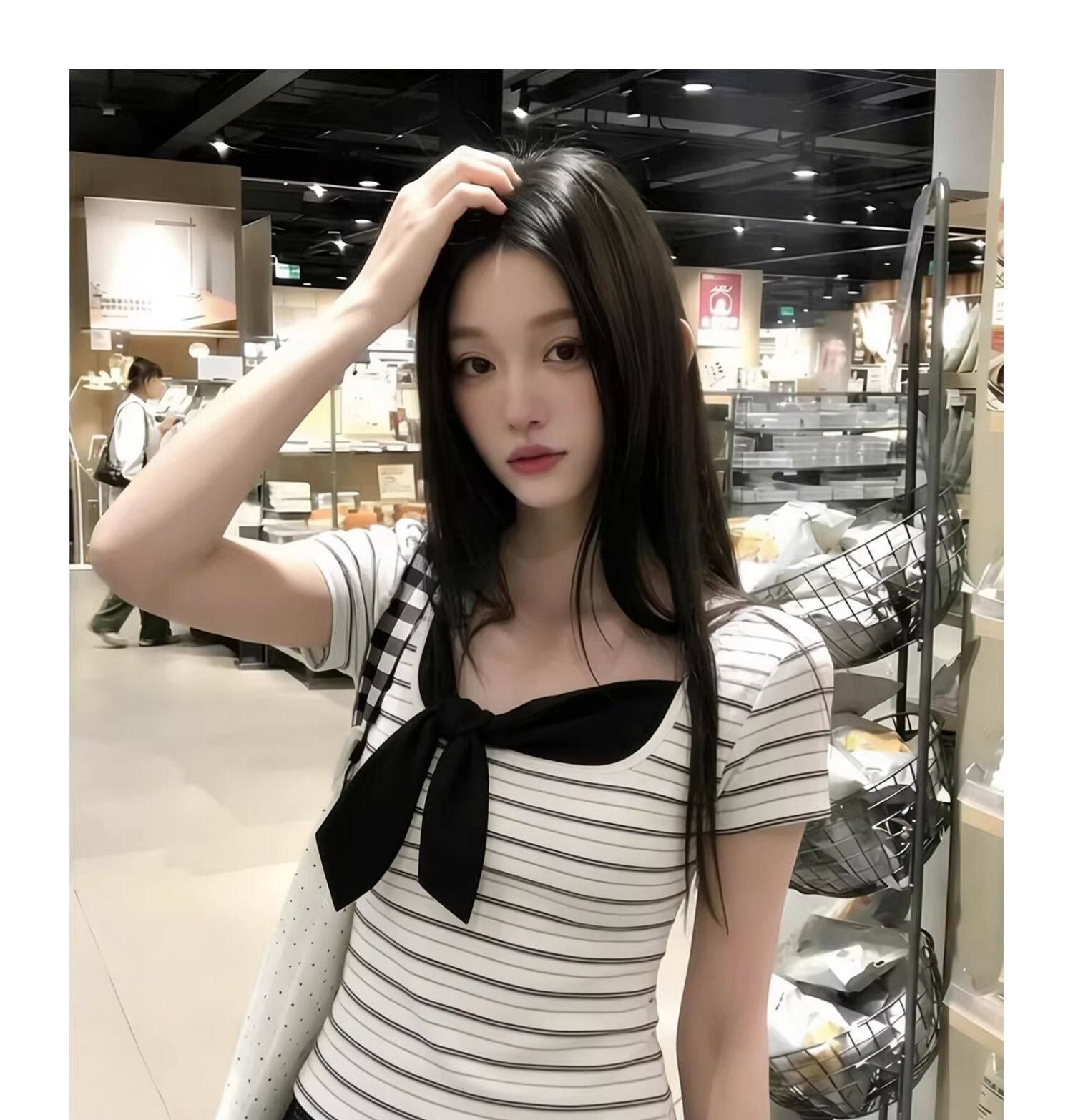性感白色條紋方領蝴蝶結短袖2026夏季高級感修身顯瘦氣質上衣