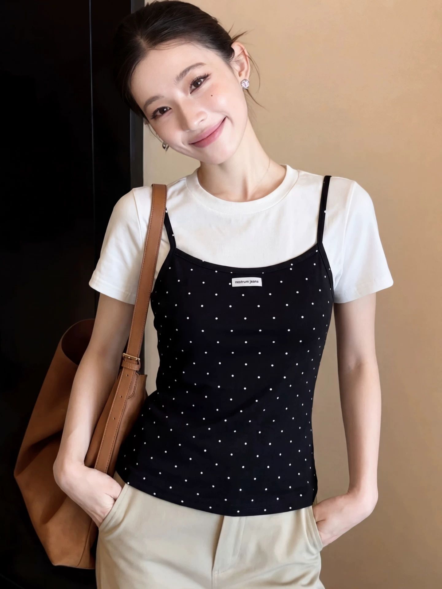 黑色波點吊帶T恤女夏季美式辣妹風修身顯瘦百搭短款上衣