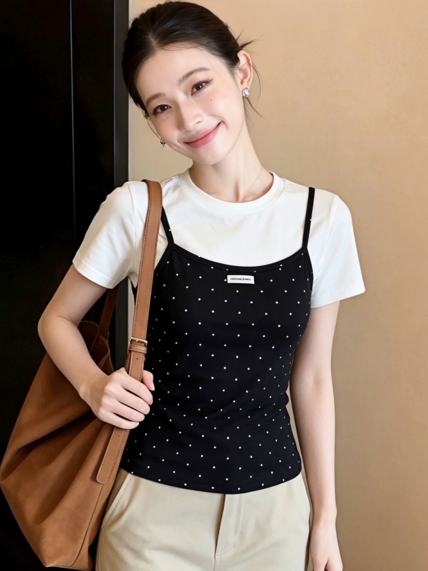 黑色波點吊帶T恤女夏季美式辣妹風修身顯瘦百搭短款上衣