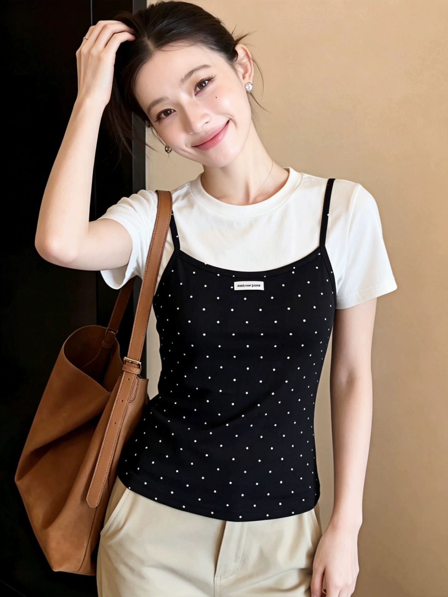 黑色波點吊帶T恤女夏季美式辣妹風修身顯瘦百搭短款上衣