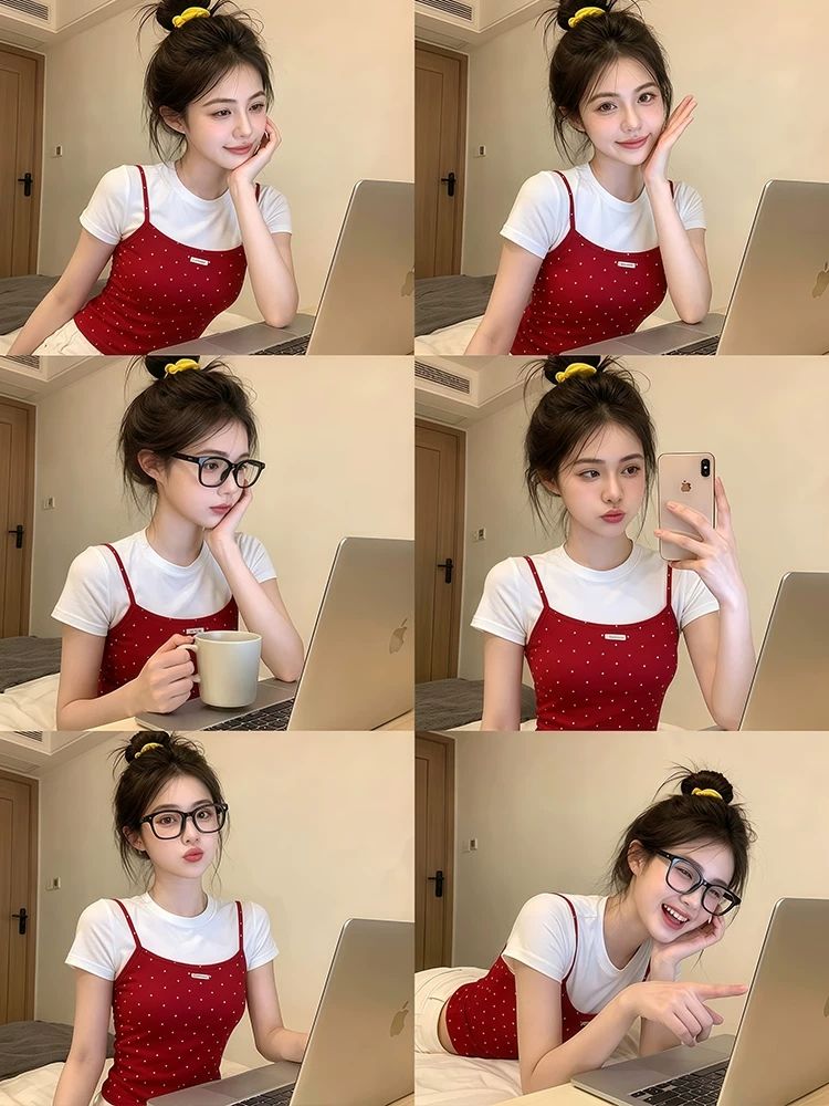 假兩件酒紅色波點吊帶T恤女夏季美式辣妹風修身顯瘦百搭短款上衣