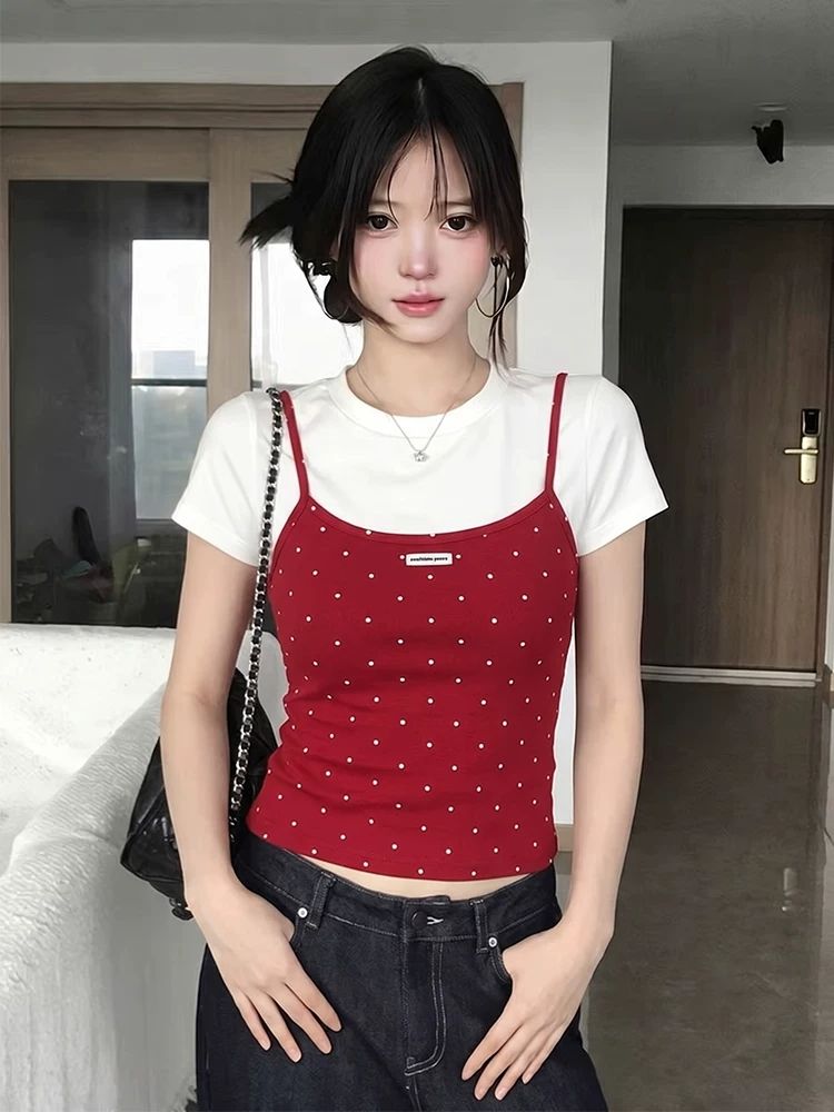 黑色假兩件波點吊帶T恤女夏季美式辣妹風修身顯瘦百搭短款上衣