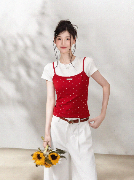 韓系紅色波點吊帶T恤女夏季美式辣妹風修身顯瘦百搭短款上衣