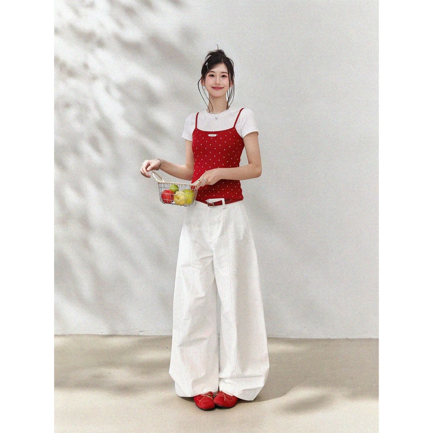 韓系紅色波點吊帶T恤女夏季美式辣妹風修身顯瘦百搭短款上衣