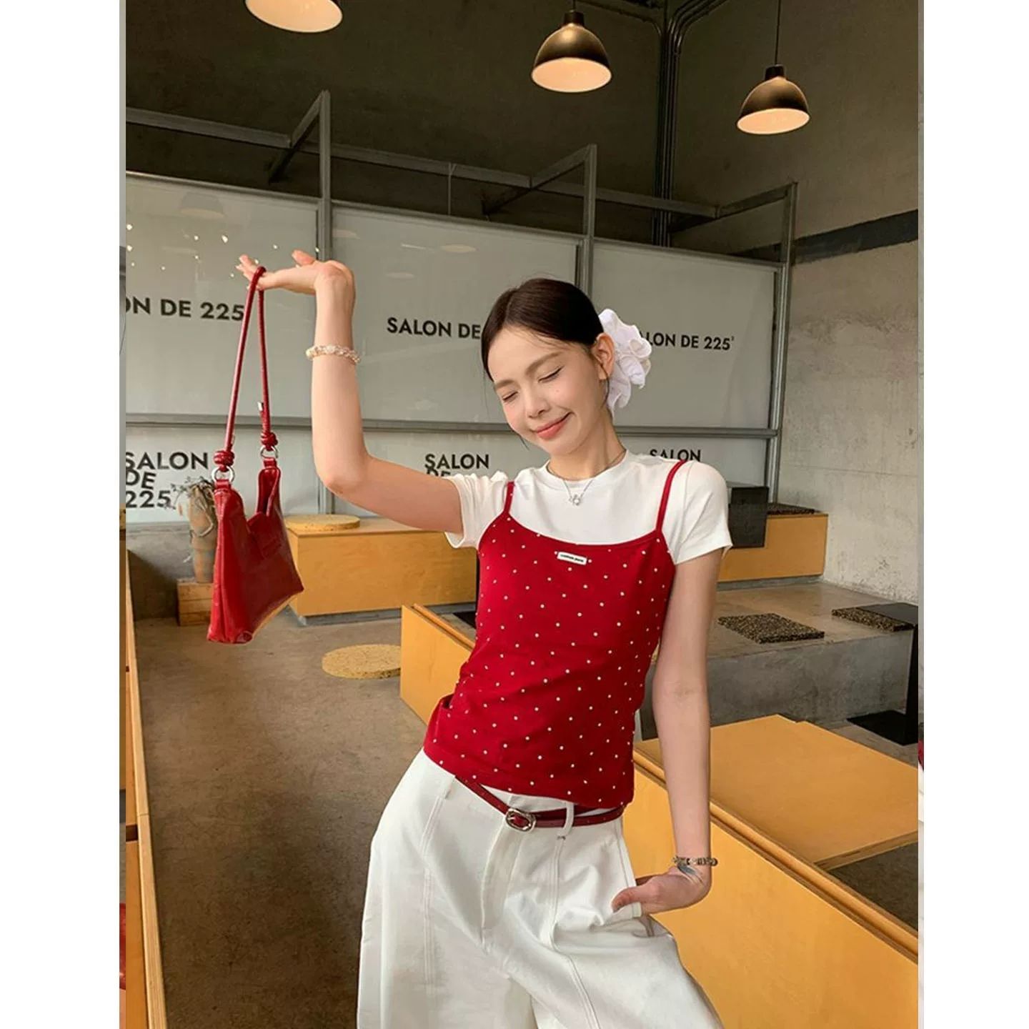 白色短袖T恤紅色波點吊帶假兩件女夏季美式辣妹風修身百搭短款