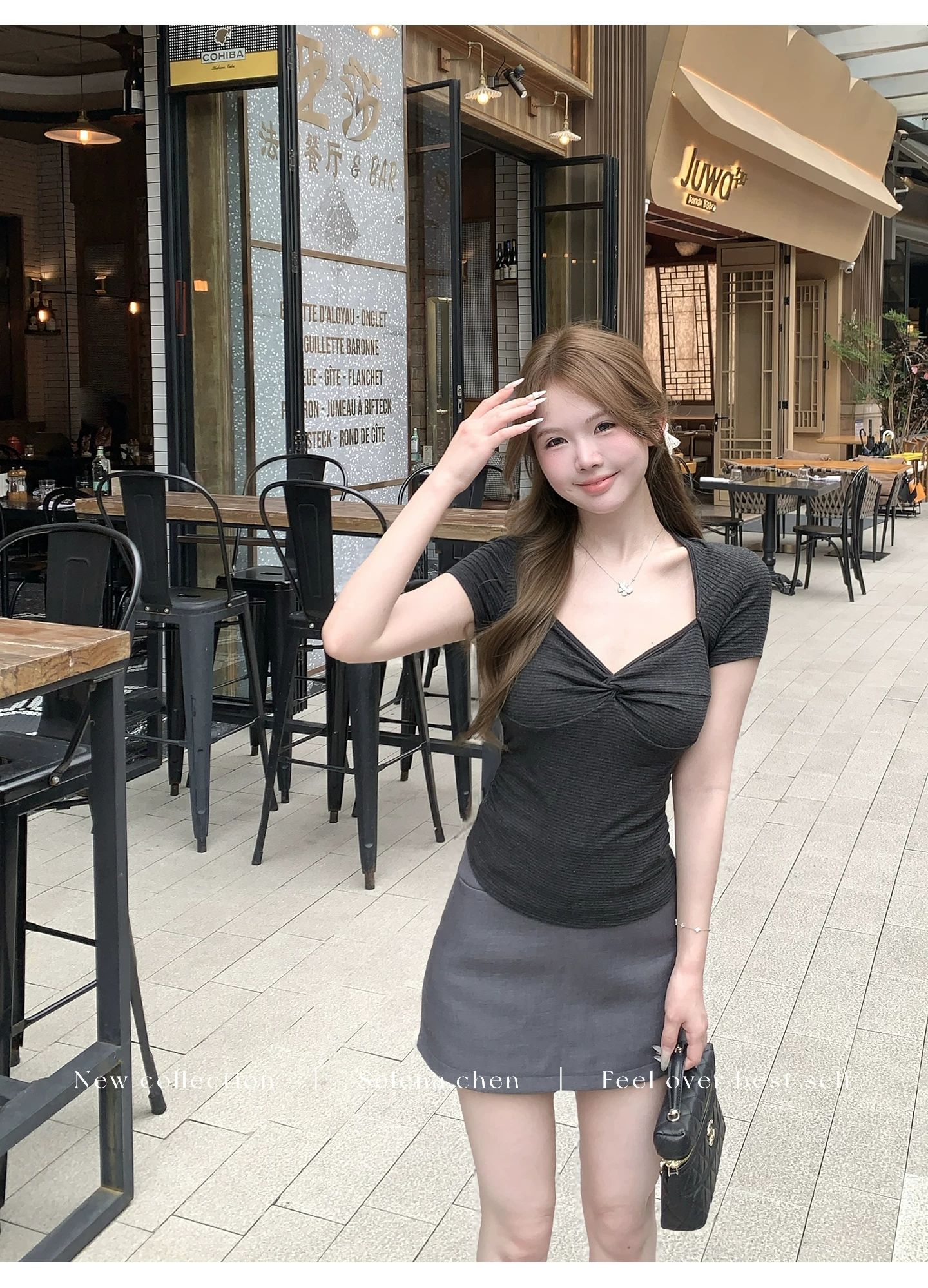 美式方領條紋扭結短袖T恤女夏季修身顯瘦收腰通勤辣妹上衣