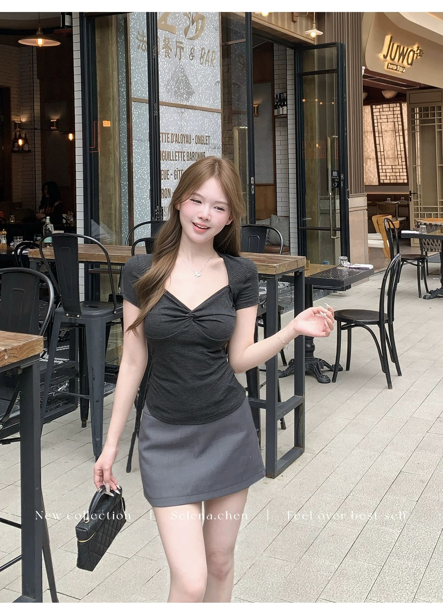 美式方領條紋扭結短袖T恤女夏季修身顯瘦收腰通勤辣妹上衣