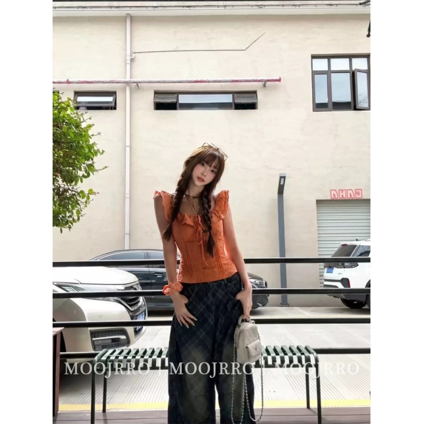 桔色荷葉邊短袖襯衫女夏辣妹氣質性感修身顯瘦小飛袖短款上衣