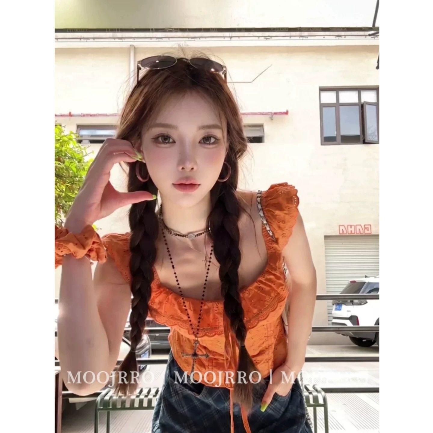 桔色荷葉邊短袖襯衫女夏辣妹氣質性感修身顯瘦小飛袖短款上衣