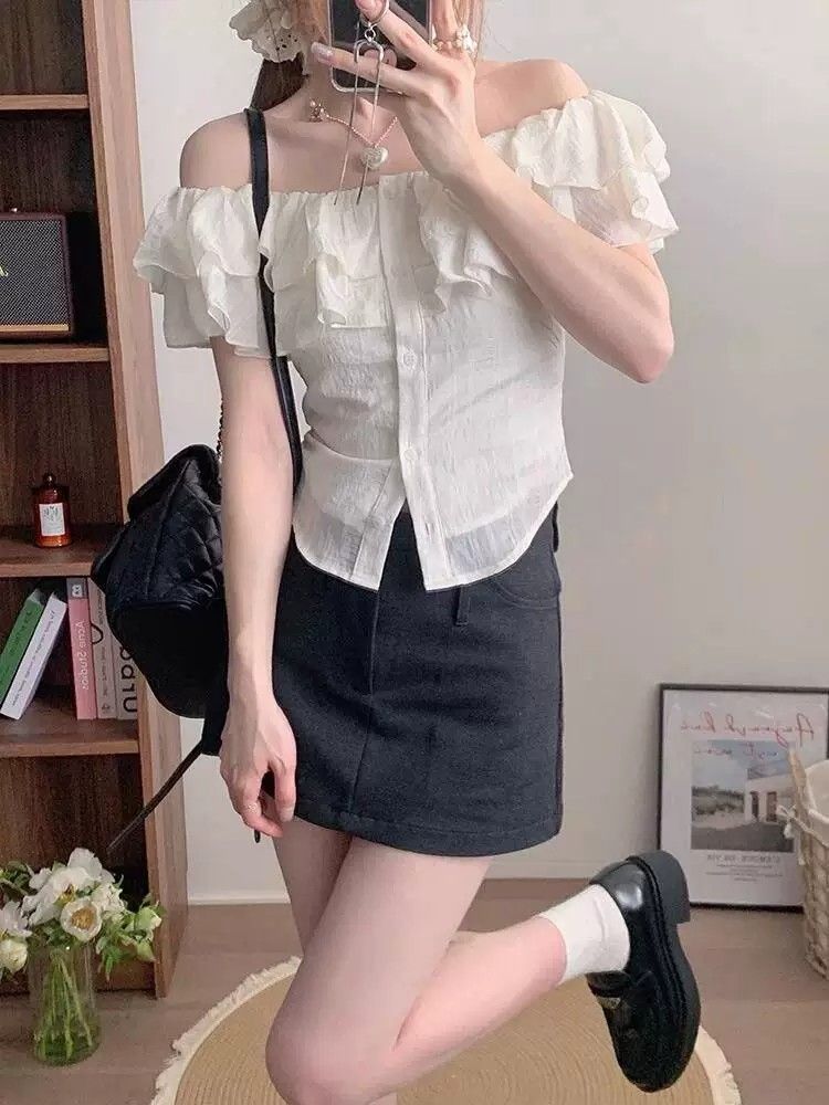 荷葉邊襯衫女夏季法式輕熟設計感小眾襯衣露肩短款絕美上衣