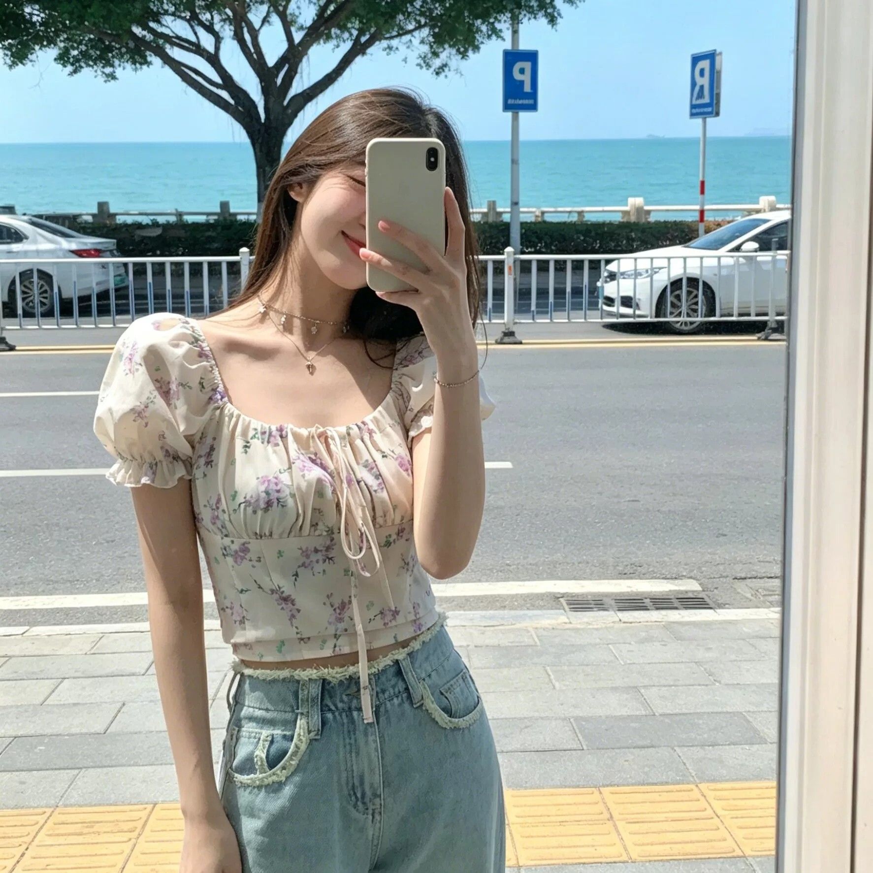 法式系帶泡泡袖碎花上衣女夏日絕美顯瘦溫柔風甜美小衫夏
