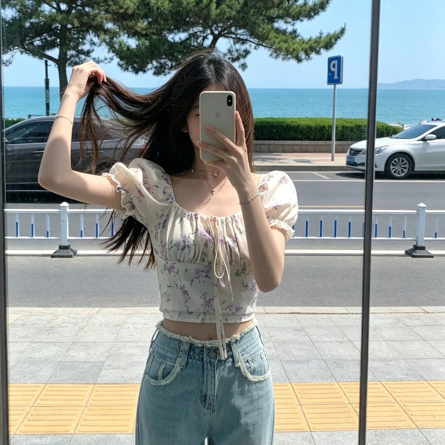 法式系帶泡泡袖碎花上衣女夏日絕美顯瘦溫柔風甜美小衫夏