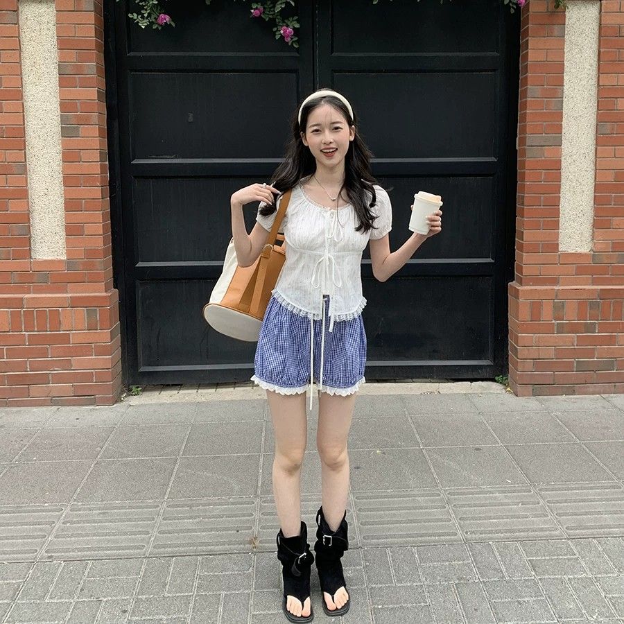 甜美少女感蕾絲花邊系帶短款襯衫夏季法式鏤空娃娃衫