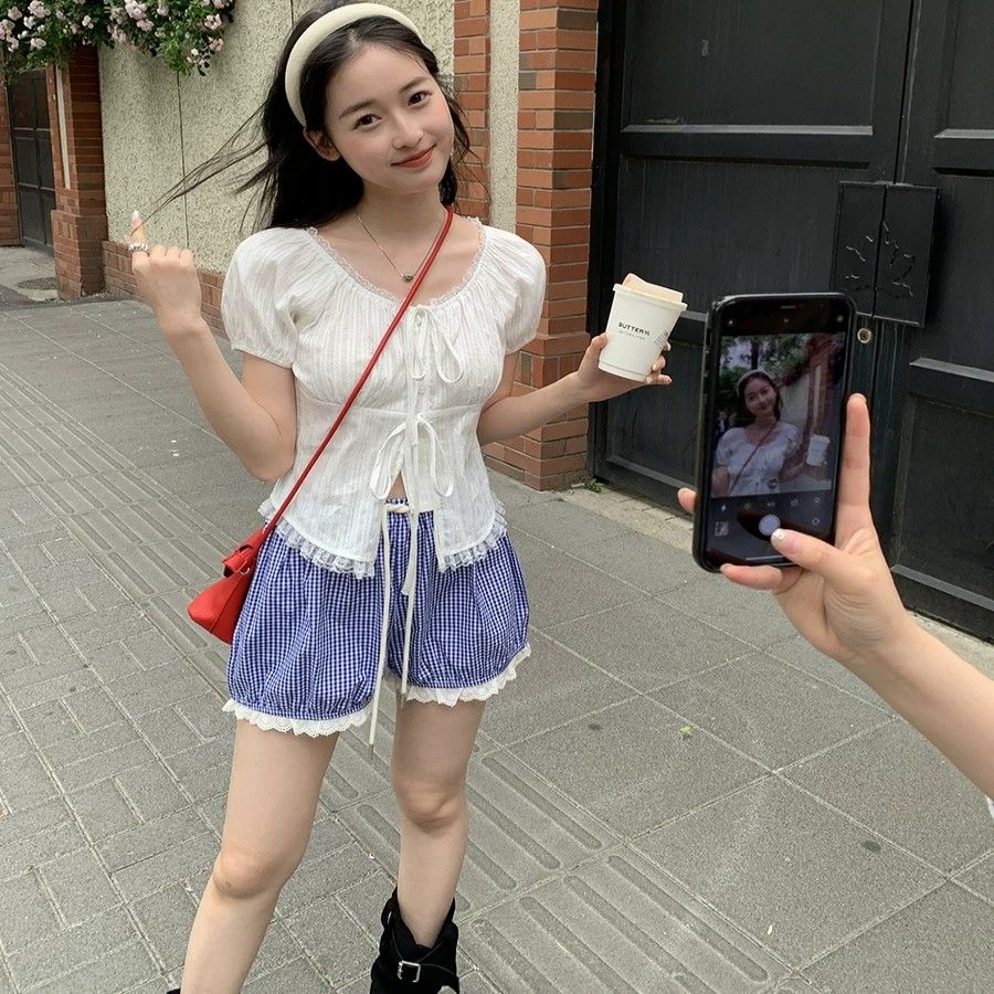 甜美少女感蕾絲花邊系帶短款襯衫夏季法式鏤空娃娃衫