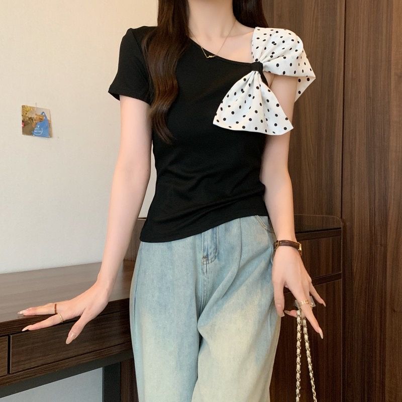 蝴蝶結波點斜肩不規則t恤修身辣妹短款氣質顯瘦小眾上衣