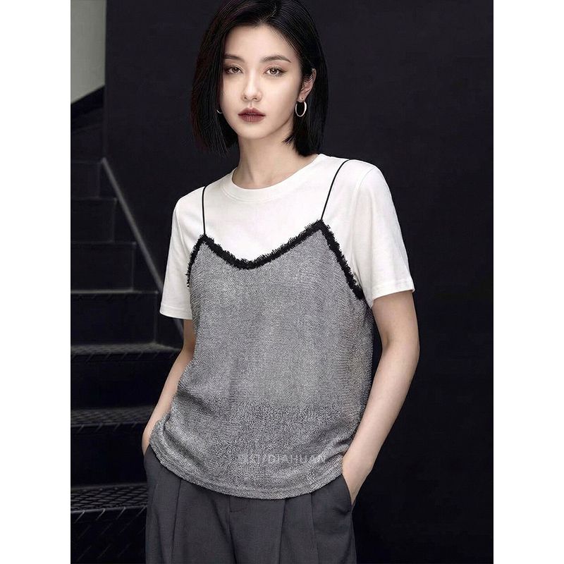 夏季新款假兩件T恤寬松遮撞色毛邊吊帶設計感小眾短袖上衣