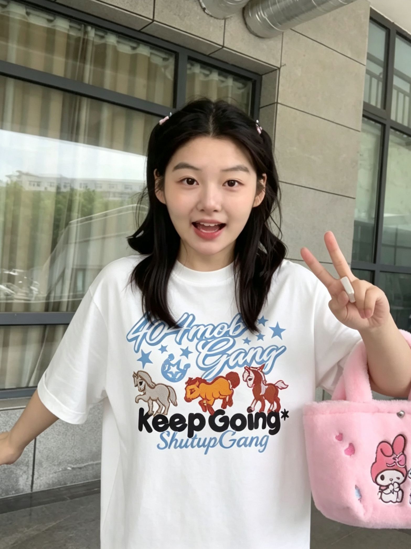 白色卡通小馬印花短袖 T 恤女夏季韓系寬松顯瘦百搭休閑上衣
