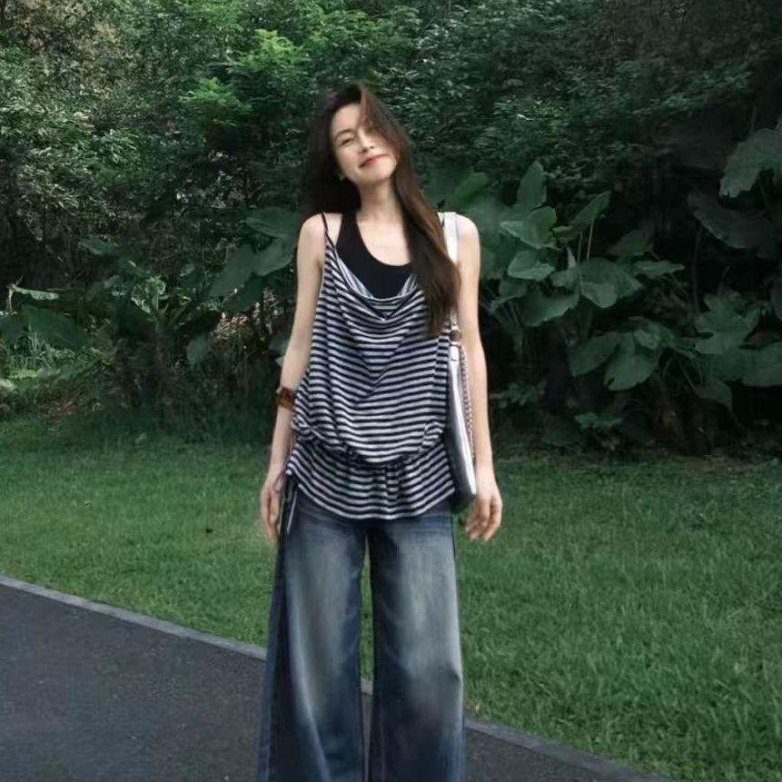 黑白條紋假兩件掛脖背心女夏季韓系抽繩收腰顯瘦百搭無袖上衣