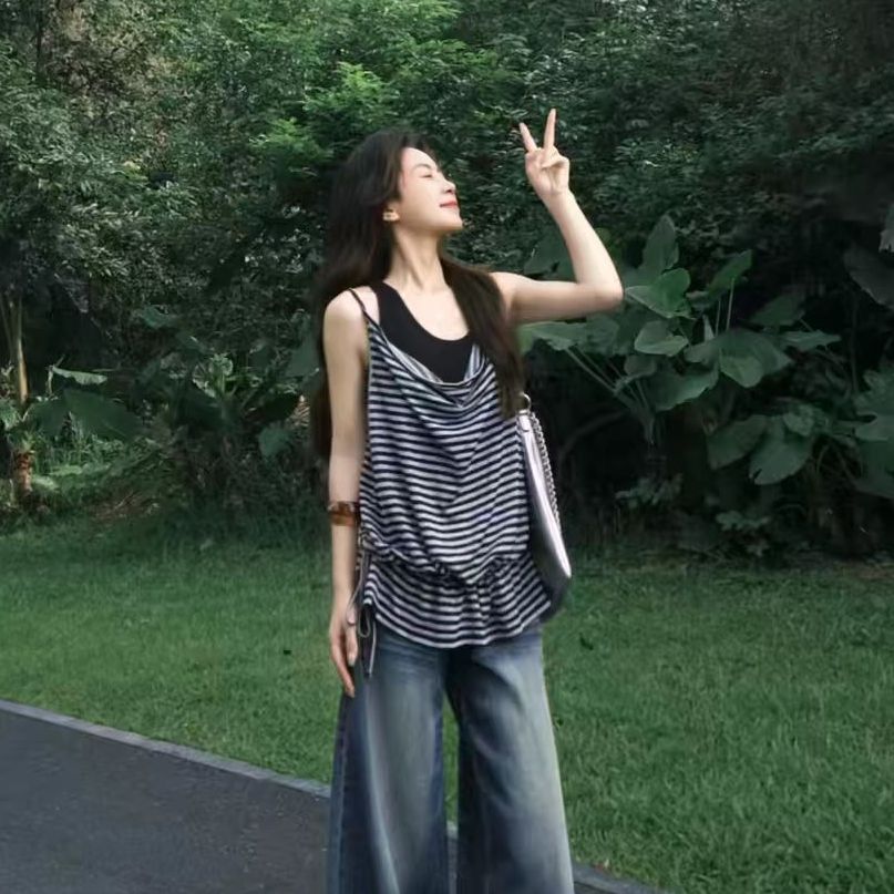 黑白條紋假兩件掛脖背心女夏季韓系抽繩收腰顯瘦百搭無袖上衣