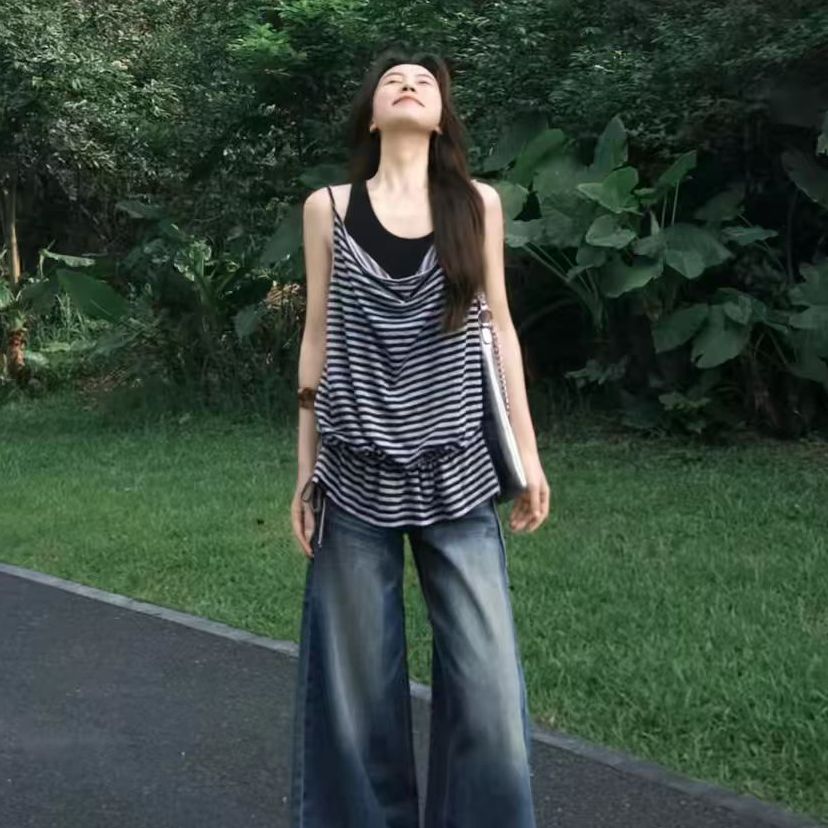 黑白條紋假兩件掛脖背心女夏季韓系抽繩收腰顯瘦百搭無袖上衣