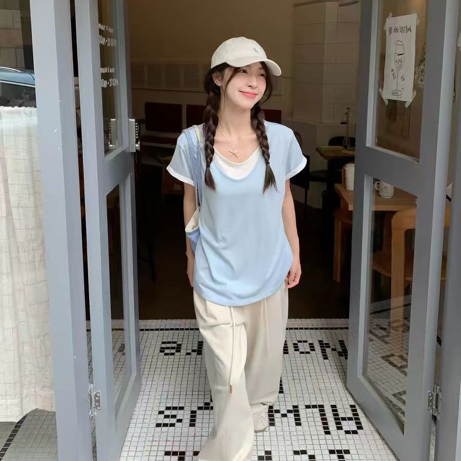 淺藍色假兩件短袖 T 恤女夏季韓系修身顯瘦百搭撞色拼接短款上衣
