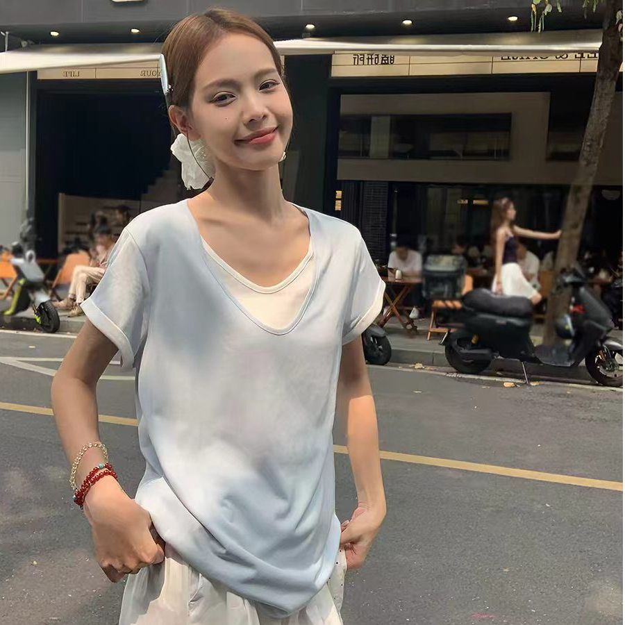 假兩件短袖 T 恤女夏季韓系修身顯瘦百搭撞色拼接短款上衣