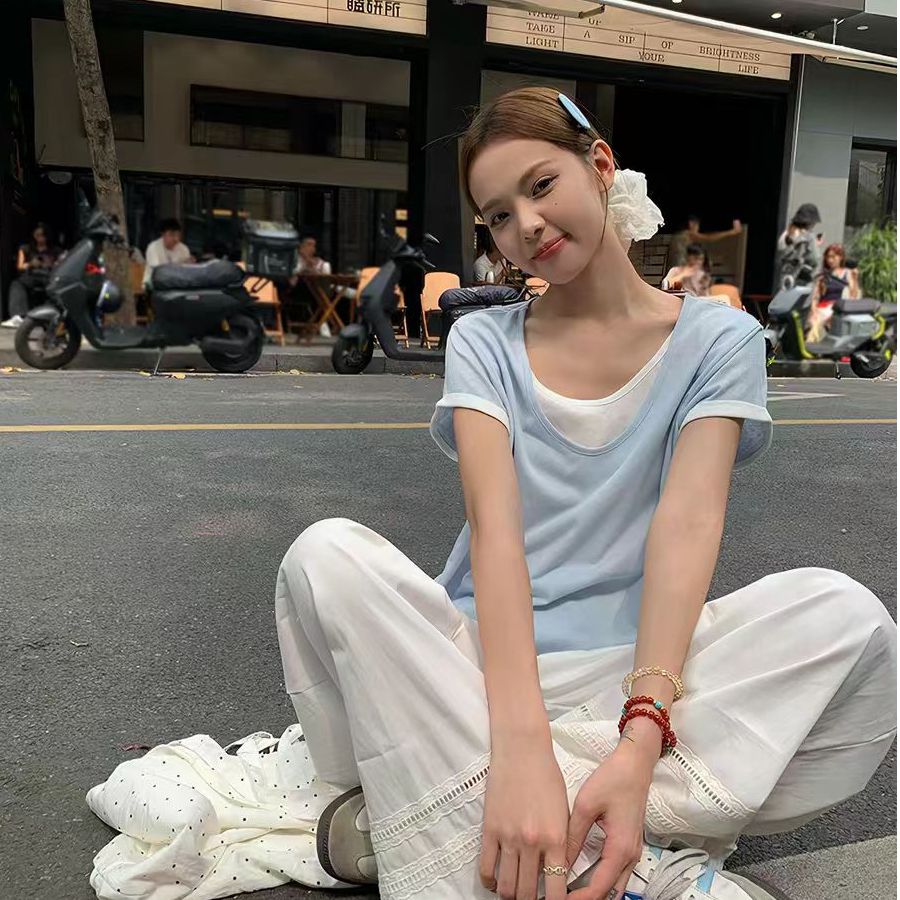 假兩件短袖 T 恤女夏季韓系修身顯瘦百搭撞色拼接短款上衣