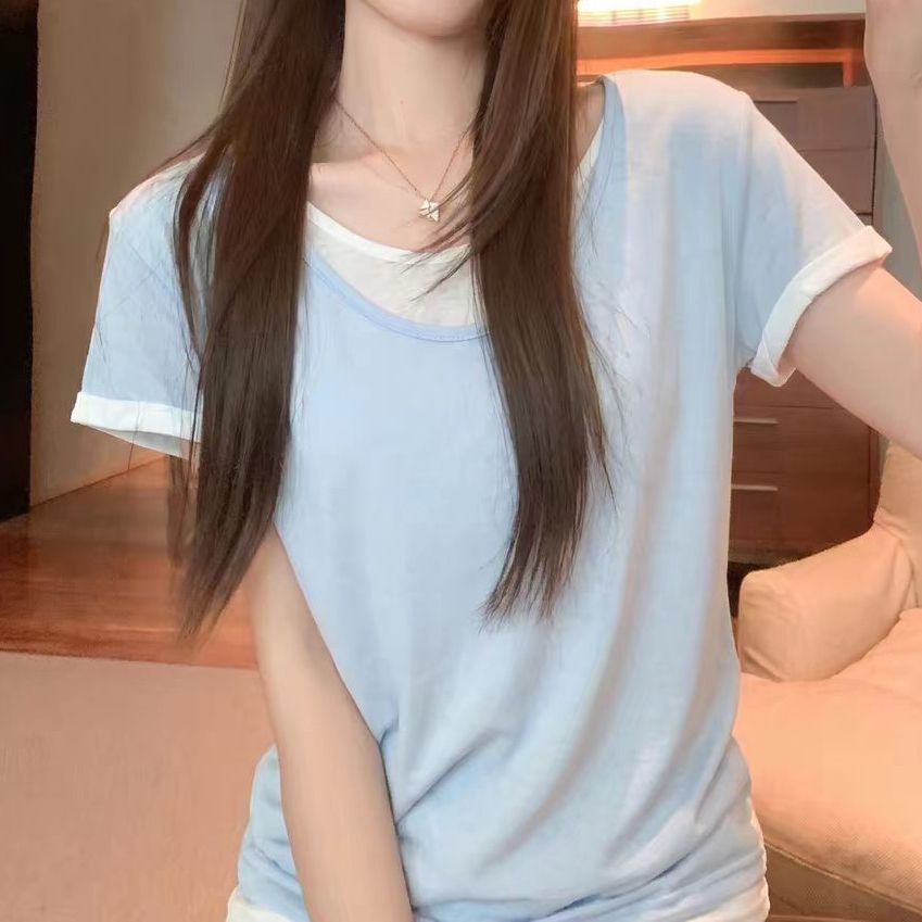 溫柔風假兩件短袖 T 恤女夏季韓系修身顯瘦百搭撞色拼接短款上衣