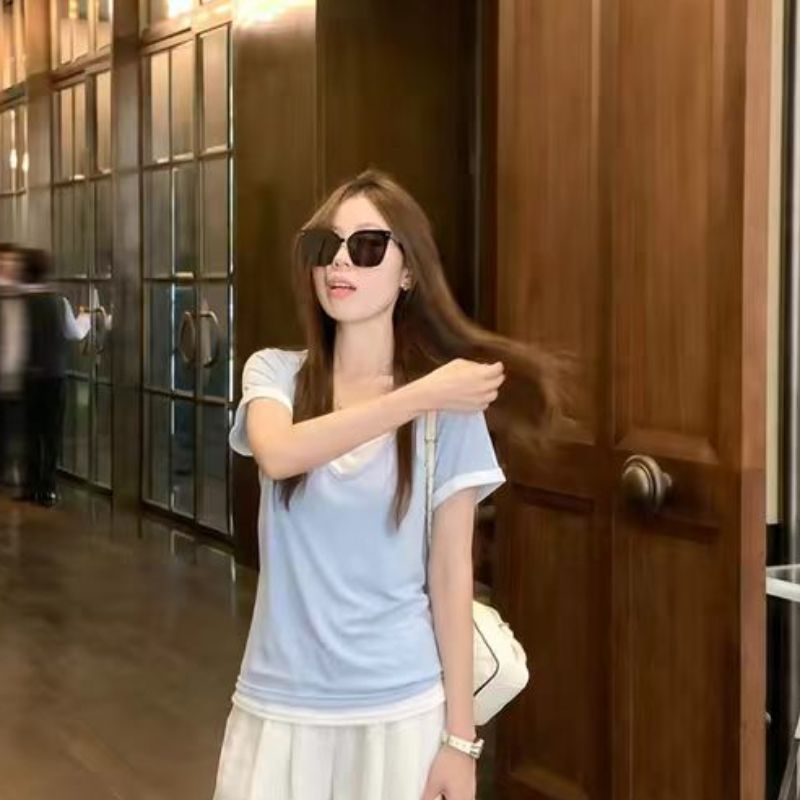 溫柔風假兩件短袖 T 恤女夏季韓系修身顯瘦百搭撞色拼接短款上衣