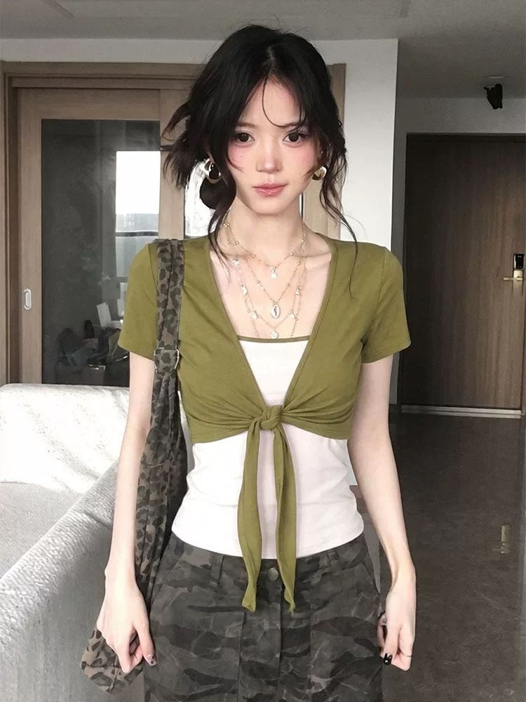 甜美風綁帶撞色短袖開衫背心女2026夏顯瘦設計感T恤上衣ins