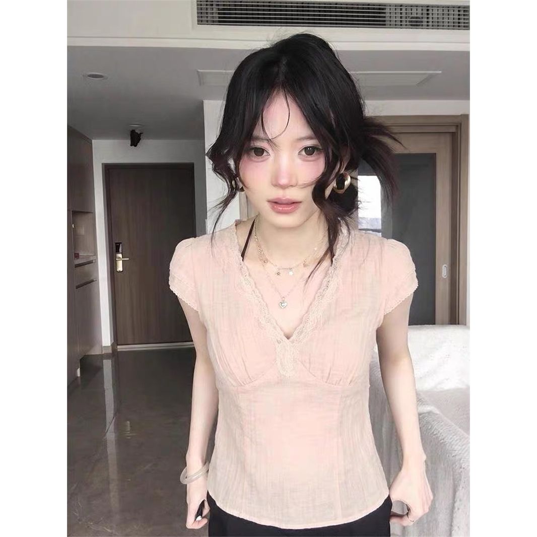 甜美純欲風蕾絲粉色拼接V領修身短袖T恤夏季顯瘦百搭上衣