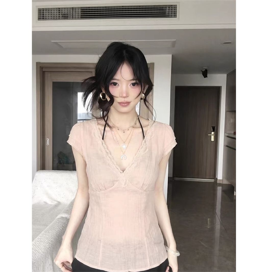 甜美純欲風蕾絲粉色拼接V領修身短袖T恤夏季顯瘦百搭上衣