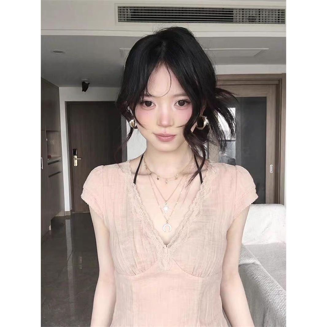 甜美純欲風蕾絲粉色拼接V領修身短袖T恤夏季顯瘦百搭上衣