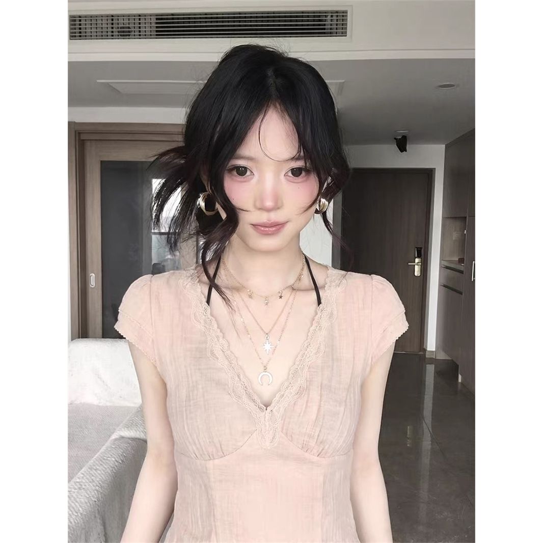 甜美純欲風蕾絲粉色拼接V領修身短袖T恤夏季顯瘦百搭上衣