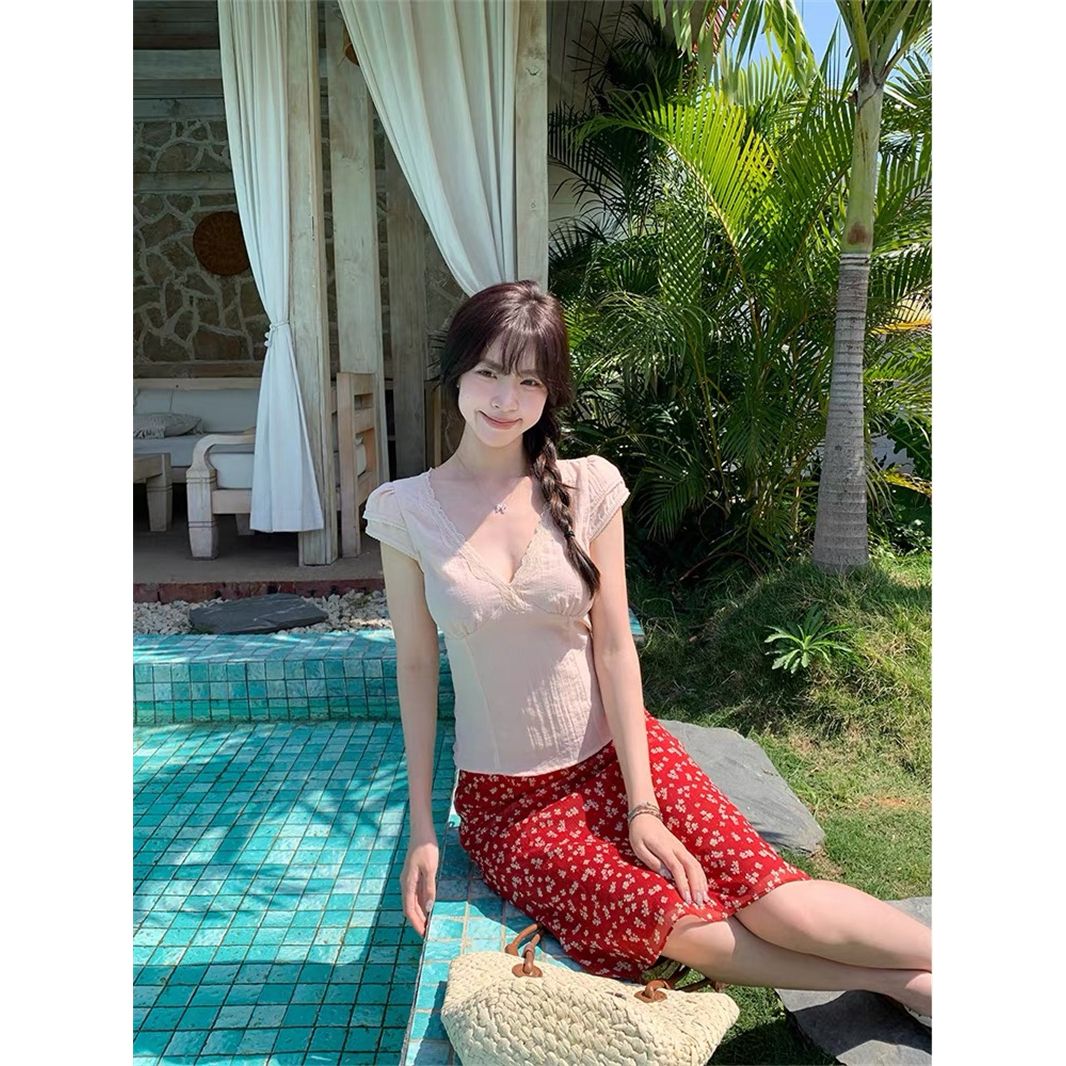溫柔純欲風蕾絲粉色拼接V領修身短袖T恤夏季顯瘦百搭上衣