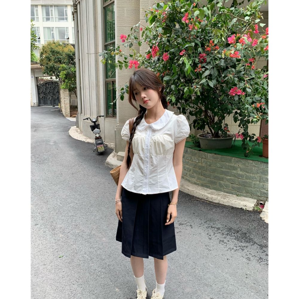 甜美白色娃娃領襯衫短袖夏季學院風顯瘦女裝泡泡袖內搭上衣