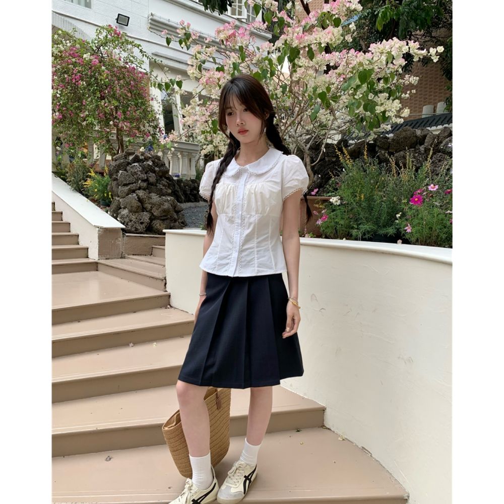 甜美白色娃娃領襯衫短袖夏季學院風顯瘦女裝泡泡袖內搭上衣