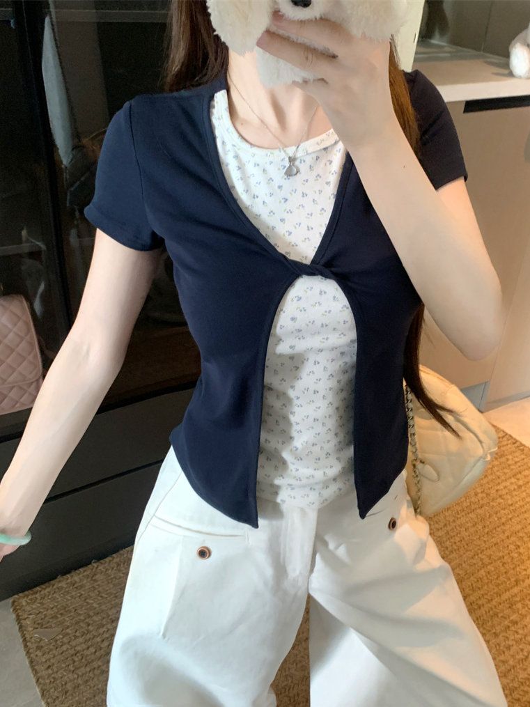 復古碎花拼接假兩件T恤女裝夏季設計感扭結百搭短袖上衣