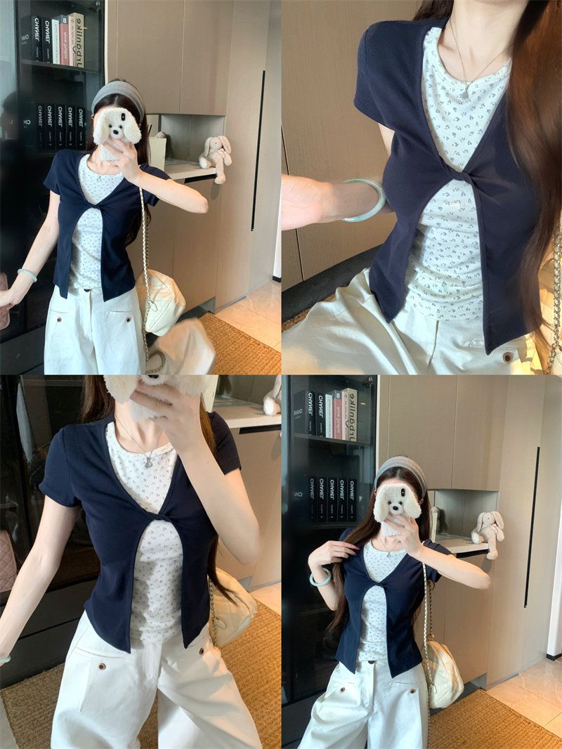 復古碎花拼接假兩件T恤女裝夏季設計感扭結百搭短袖上衣