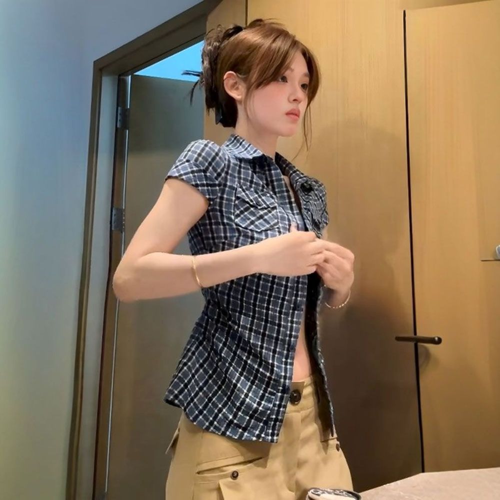 藍色格子短袖襯衫女夏季復古褶皺收腰修身襯衣小眾掐腰上衣