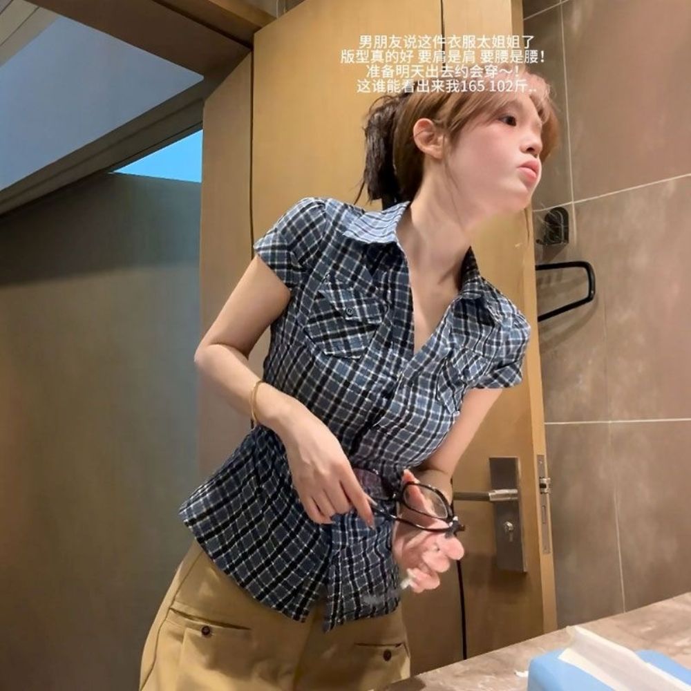 藍色格子短袖襯衫女夏季復古褶皺收腰修身襯衣小眾掐腰上衣